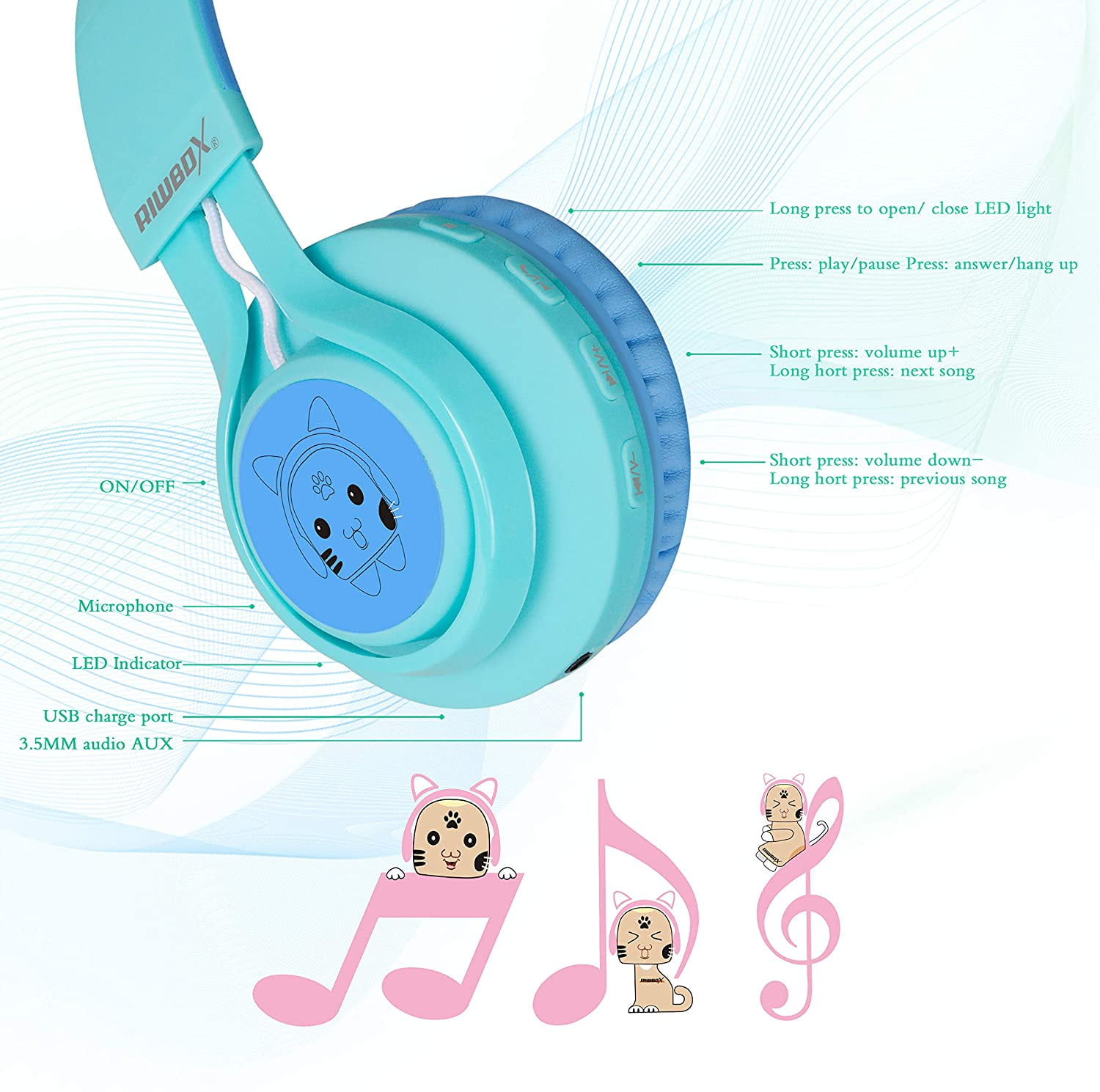 Kids Headphones, Riwbox CT-7S Cat Ear Bluetooth Headphones 85dB Volume Limiting, LED Light Up Kids Wireless Headphones Over Ear with Microphone for iPhone/iPad/Kindle/Laptop/PC/TV (Blue & Green)