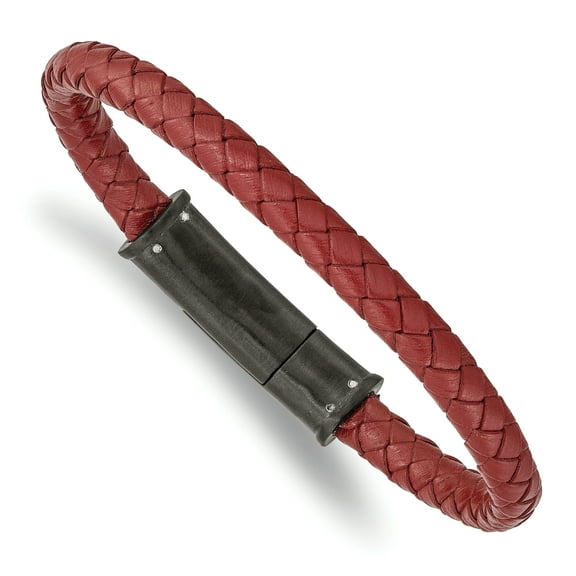 Primal Steel Stainless Steel Brushed Black IP-plated Red Leather 8.5 Inch Bracelet