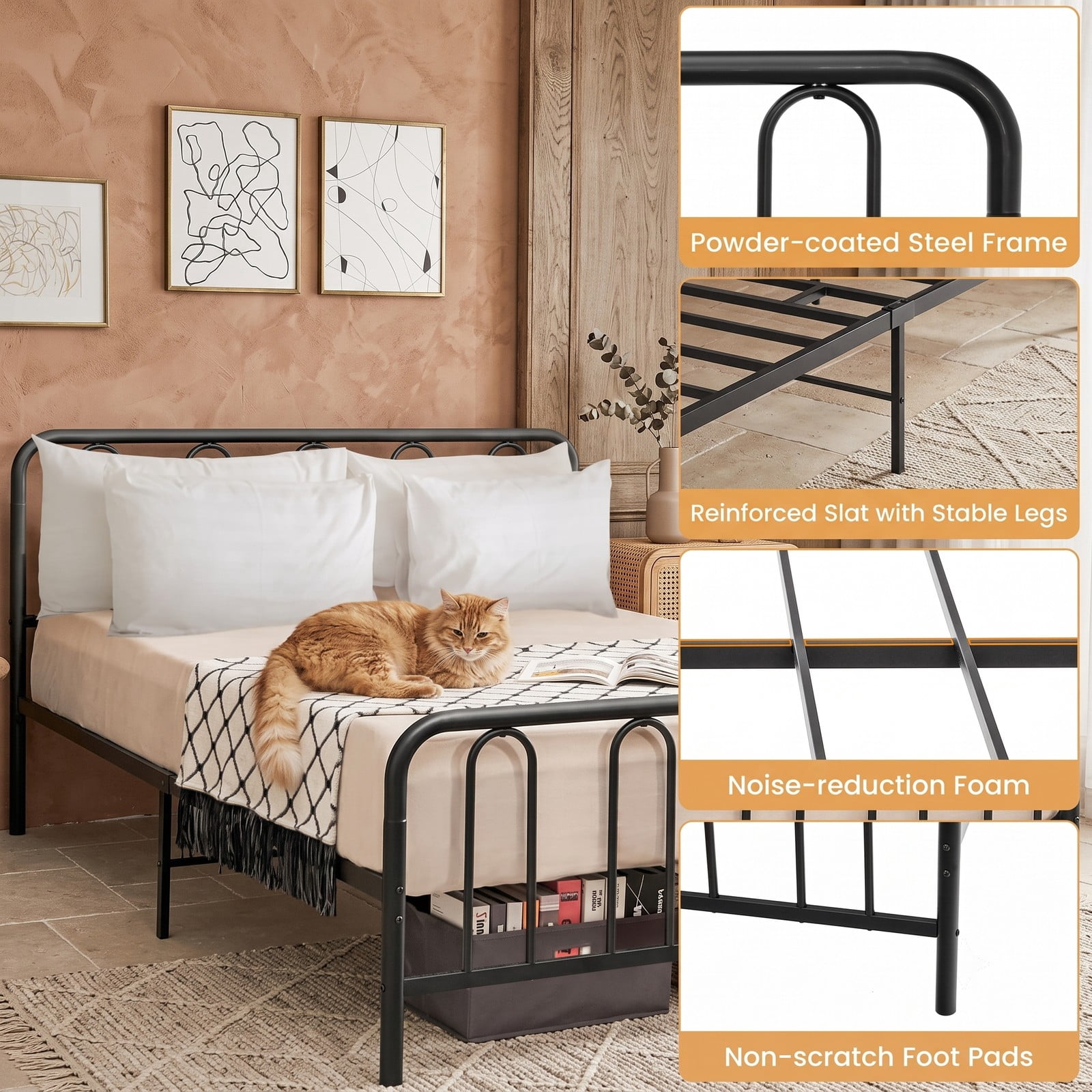 Furnibear Queen Bed Frame with Headboard, Metal Platform Bed Frame with Arched Headboard, Footboard and Under Bed Storage, Black