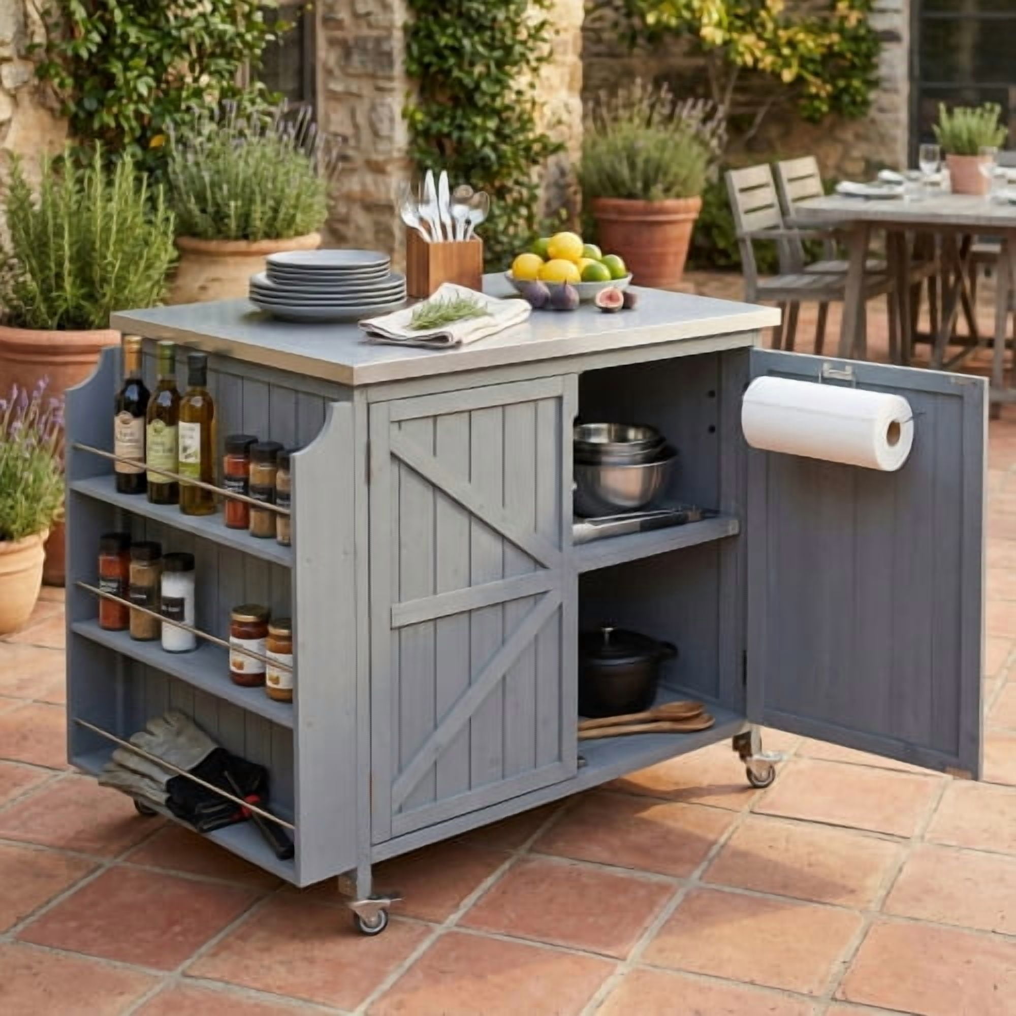 42.1 Inch Outdoor Kitchen Island with Side Shelf, Grill Cart with Storage Cabinet, Stainless Steel Top, Adjustable Shelf and 4 Wheels for Pizza Prep, Grey Blue
