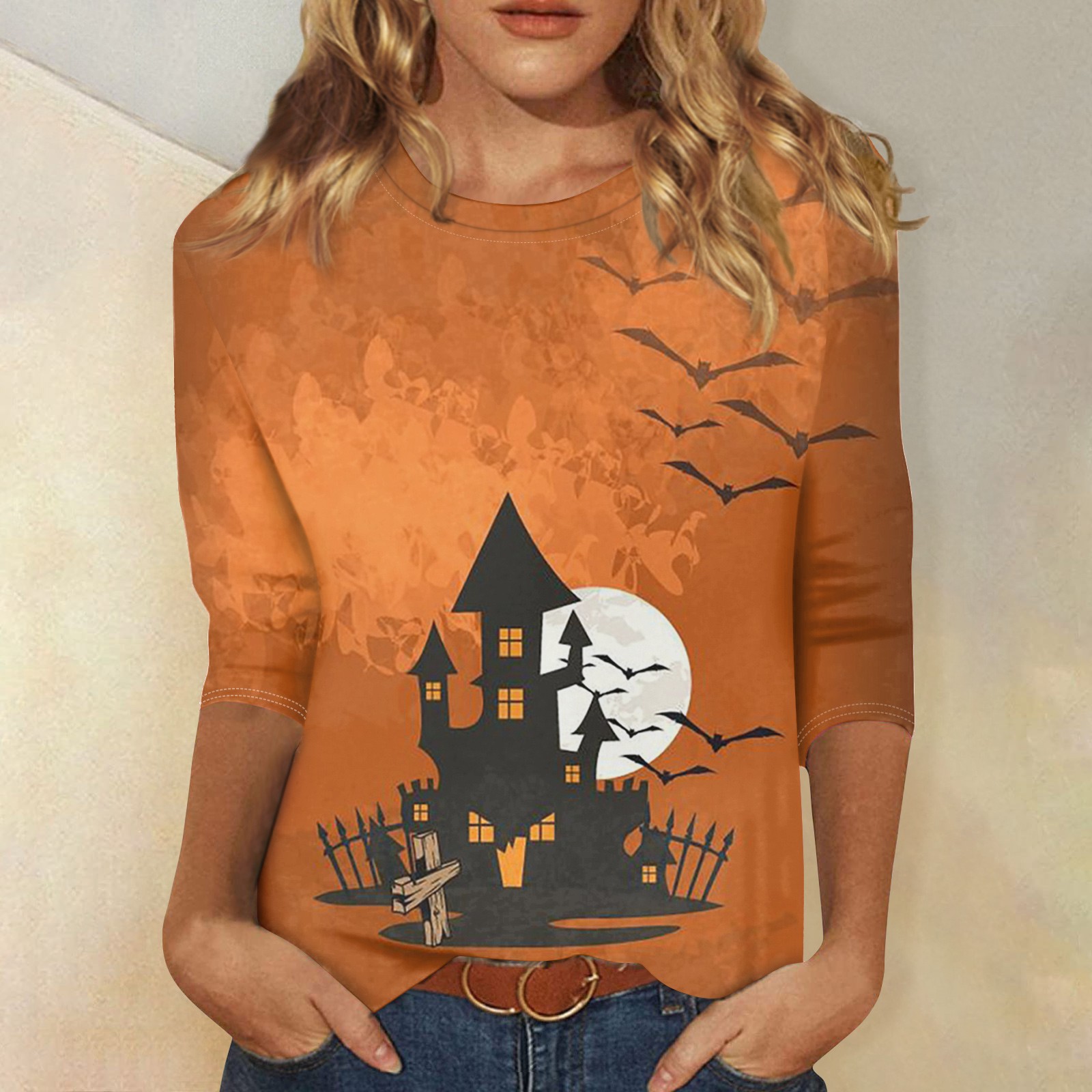 YDKZYMD Womens Halloween Sleep Shirt Pumpkin Bat 3/4 Sleeve Crew Neck ...