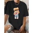 thumbnail image 1 of Retro Chic Women's Black T-Shirt with Cartoon Bear Print - Casual Round Neck, Short Sleeve, Polyester Top - Machine Washable, 1 of 6