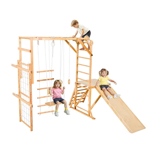 VEVOR Indoor Playground Jungle Gym, 8-in-1 Wooden Indoor Playground for Kids, 220LBS Montessori Climbing Toys Playset with Slide, Swing, Monkey Bar, Gym Rings, Wooden / Rope Ladder