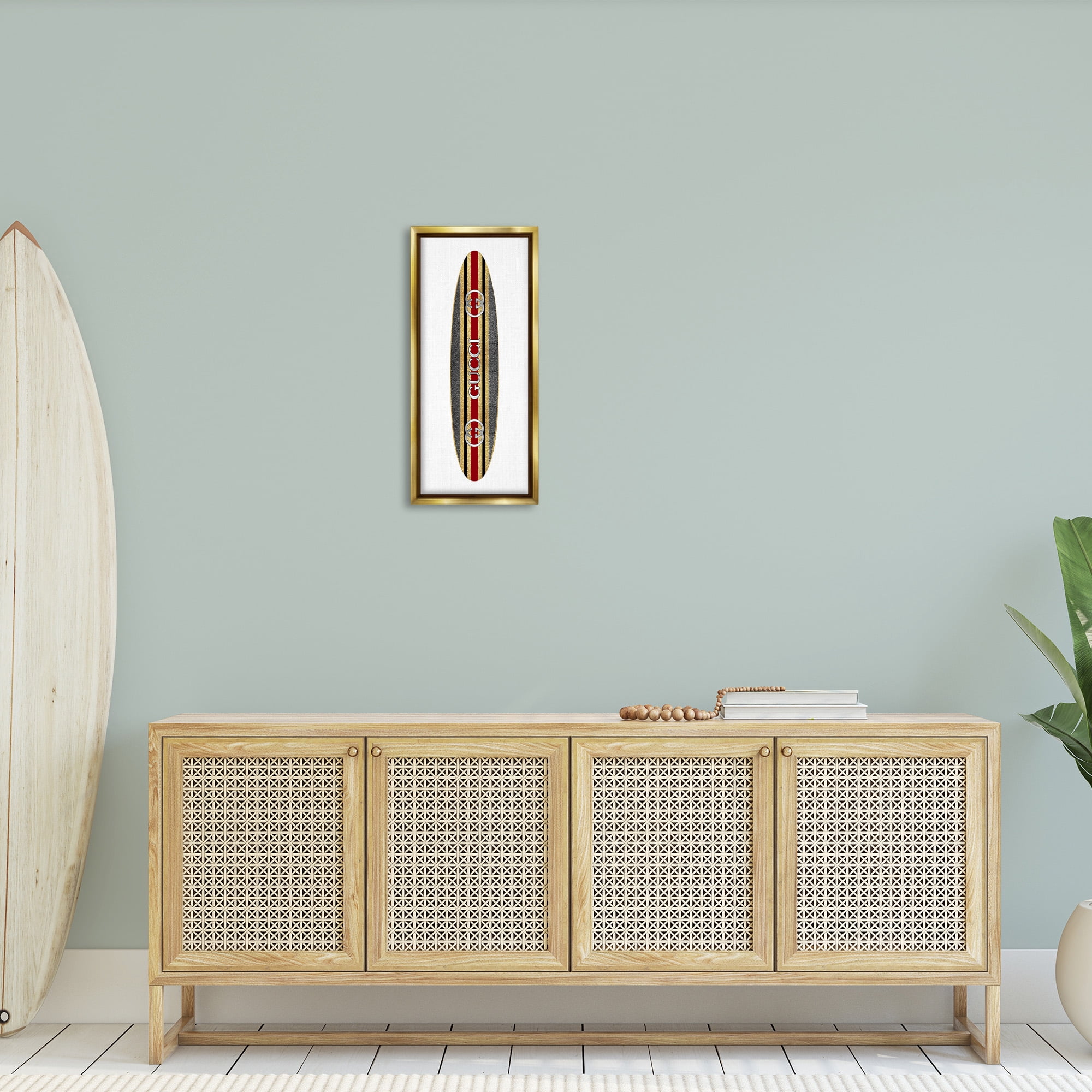 Stupell Industries Fashion Brand Surfboard Nature Painting Gold Floater Framed Canvas Art Print Wall Art, 11 x 25