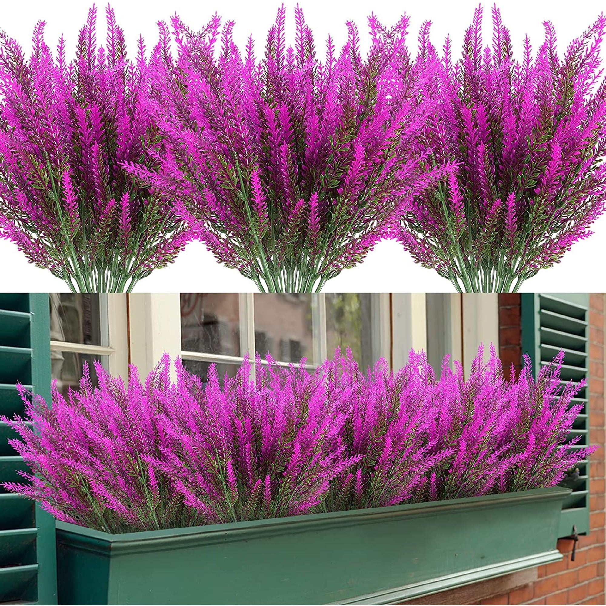 Deago 4 Bundles Artificial Lavender Flowers Outdoor UV Resistant Fake Flowers No Fade Faux Plastic Plants Garden Porch Window Box Decorating (Rose Red)