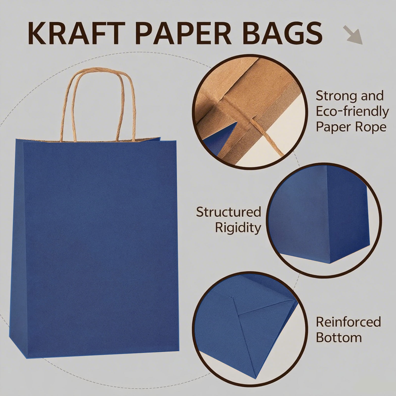 BagDream 50 Pack Navy Blue Gift Bags, 8x4.25x10.5 Kraft Paper Bags with Handles Bulk for Shopping Bags Retail Merchandise Bags Grocery Bags Takeout Bags