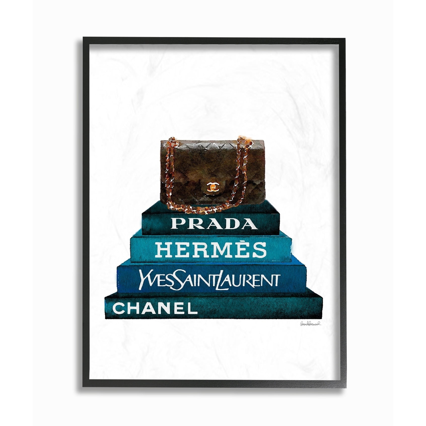 The Stupell Home Decor Dark Teal Fashion Bookstack with Brown Fashion Bag Framed Texturized Art