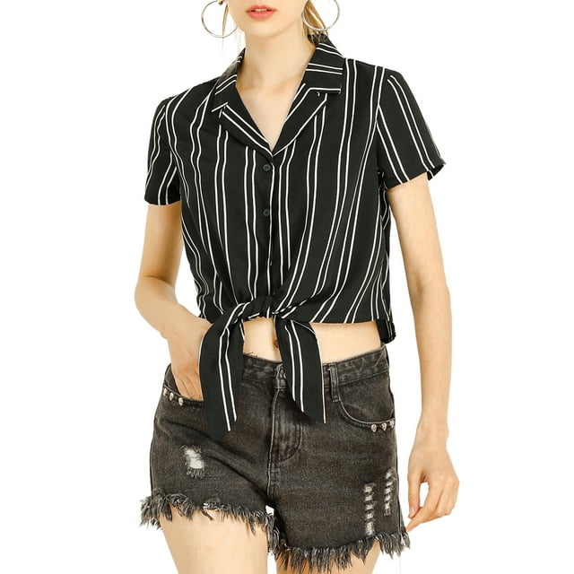Unique Bargains Women's Stripe Button up Short Sleeve Tie Front Short Shirt