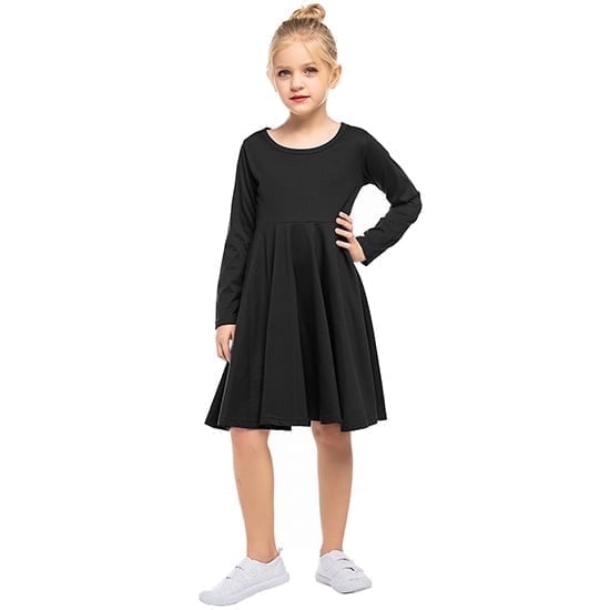 Arshiner Girls Long Sleeve Stretchy Dress A line Twirly Skater School Party Dress Black Tween 14 Years