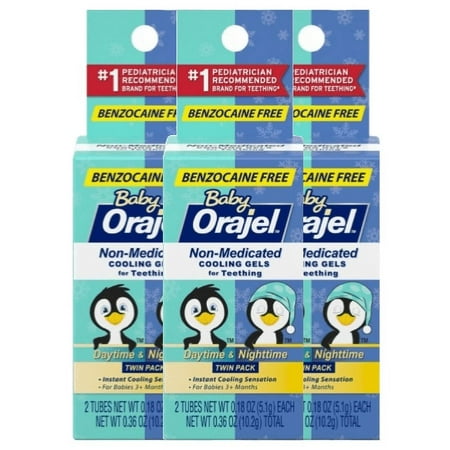 Orajel Non-Med Baby Teething Day & Night Cooling Gels Twin Pack Benzocaine Free 0.18 Oz. Each ( X 3)