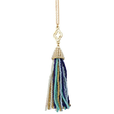Aqua Titanium Necklace - Women Fashion Handmade Beaded Pearl Seed Beads Tassels Long Earrings Pendant Long Necklace (Boho Aqua/Necklace)