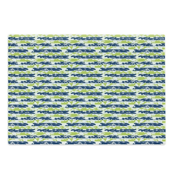 Floral Cutting Board, Stripes with Nature Blossom Silhouettes Coming of the Spring Theme, Decorative Tempered Glass Cutting and Serving Board, Large Size, Apple Green Navy Blue, by Ambesonne