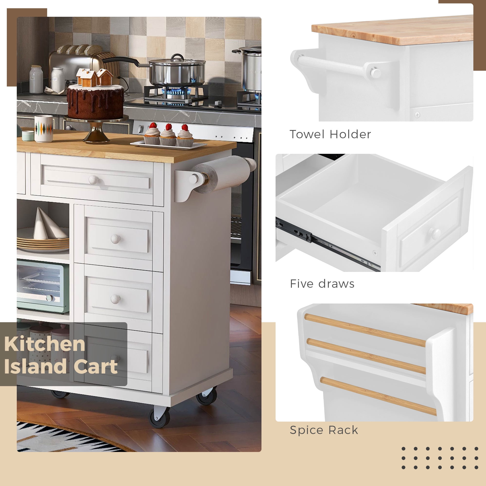 Cesicia Black Rubberwood Drop-Leaf Countertop 53.1 in. Kitchen Island Cart with Cabinet Door Internal Storage Racks and 3-Drawer