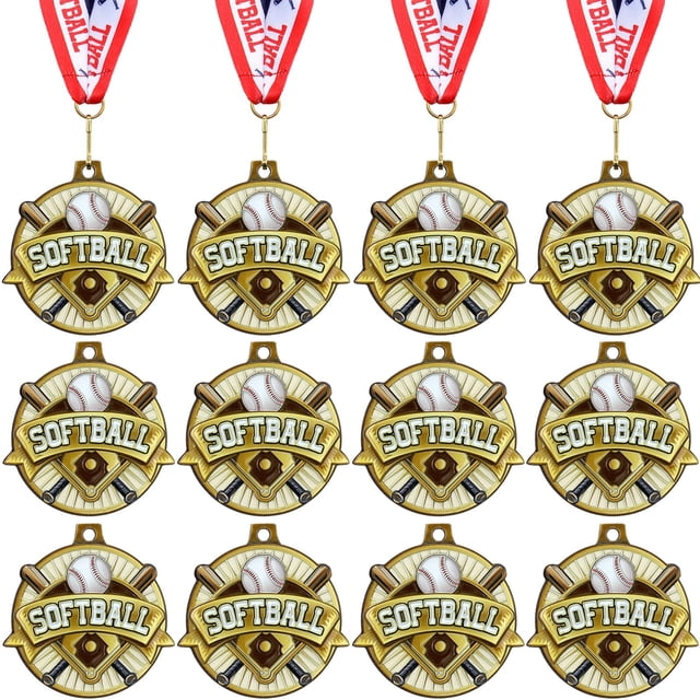 Medallas de softball Ecation, 12 unidades, 5 cm, doradas con cinta