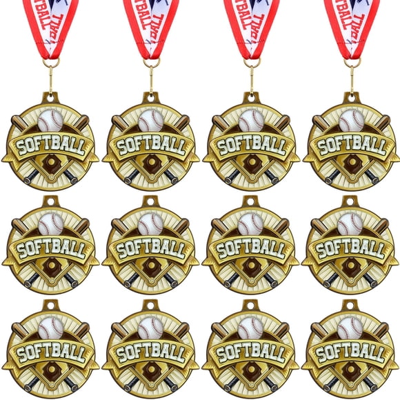Medallas de softball Ecation, 12 unidades, 5 cm, doradas con cinta