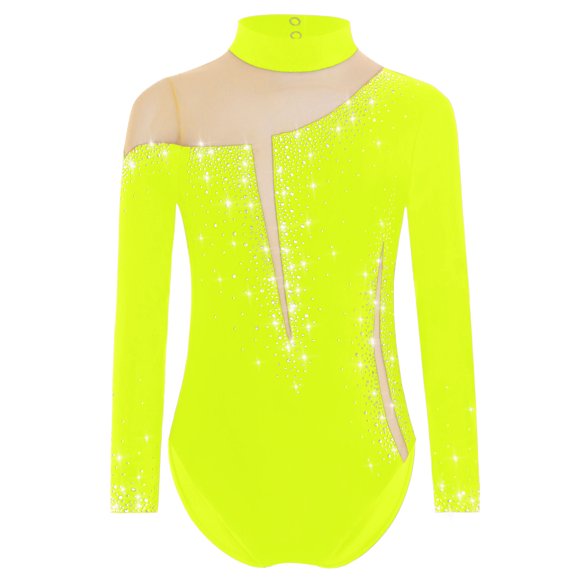 Mufeng Kids Girls Gymnastics Long Sleeve Leotard Sparkly Athletic Ballet Competition Dancewear Unitard Fluorescent Yellow 8