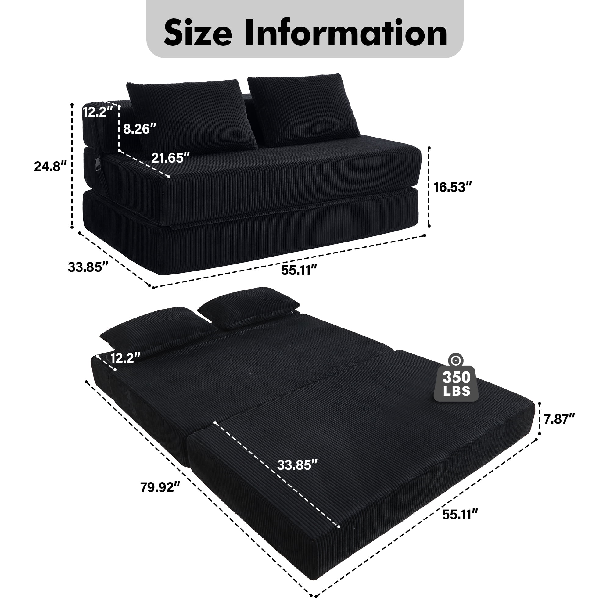Aukfa Full Size Folding Sofa Bed, Loveseat Sleeper, Corduroy Convertible Floor Couch Mattress for Living Room, Dorm, Guest Room, Black