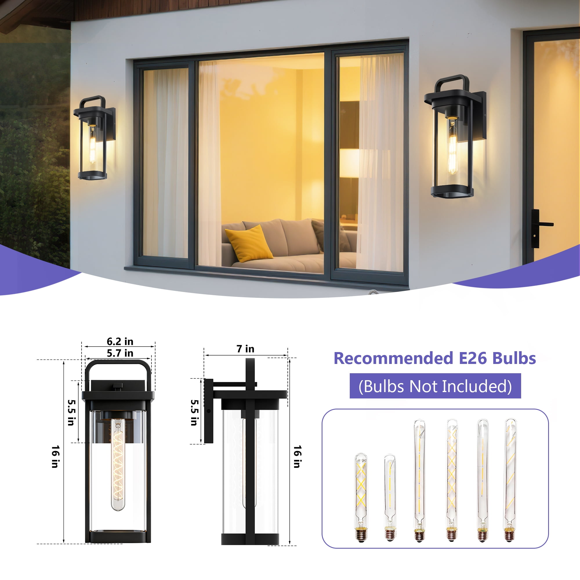 GCGAFUL 16 Inch Outdoor Wall Light, 2 Pack Matte Black Exterior Sconce with Clear Glass, Waterproof Porch Lighting for Front Door, Garage, Patio