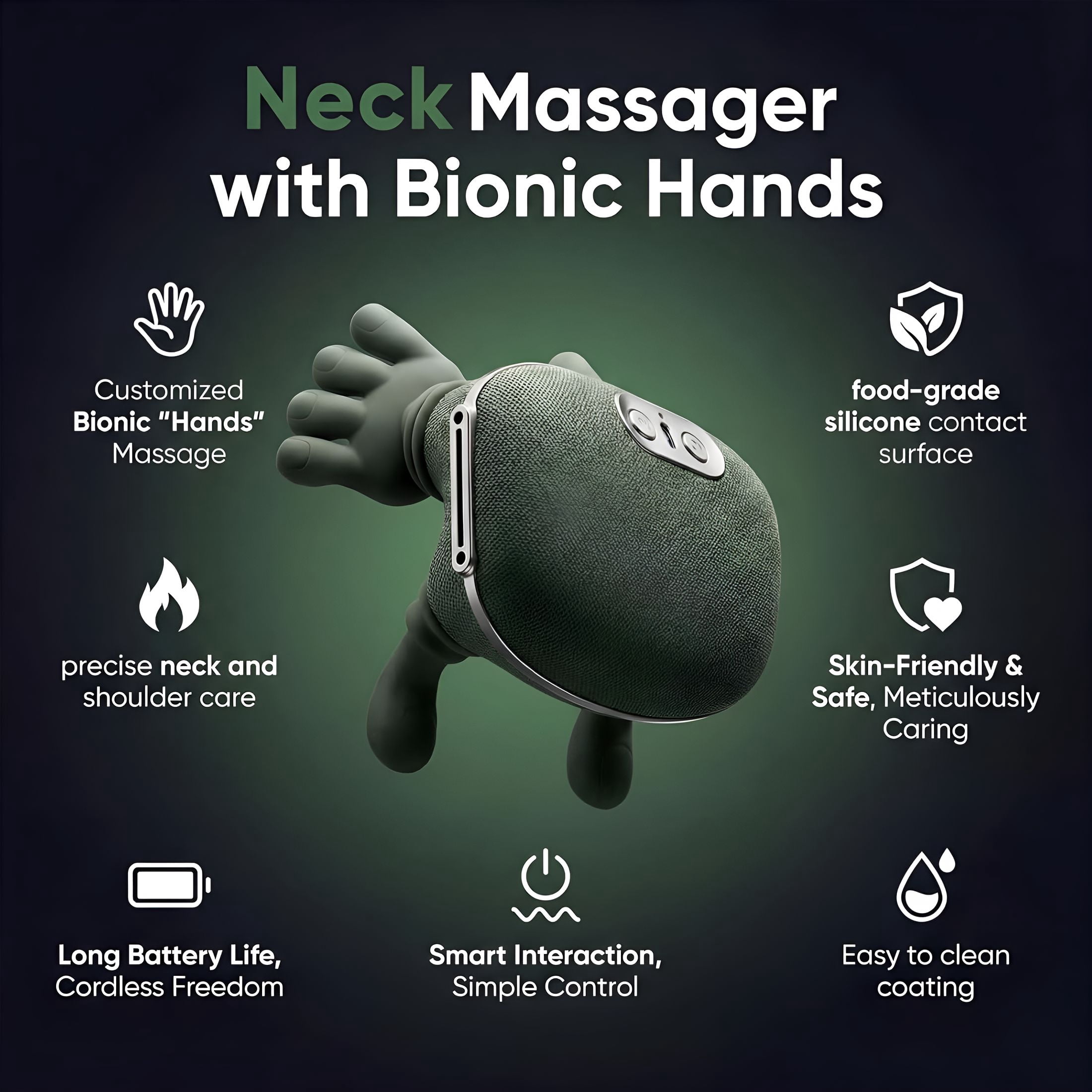 OITY Neck Massager with Heat, Portable Shoulder & Back, Cordless Deep-Tissue Kneading, Quiet Brushless Motor, Adjustable Strap, Usb-C Rechargeable, Non-Slip Grip, Home/Office/Travel - Green