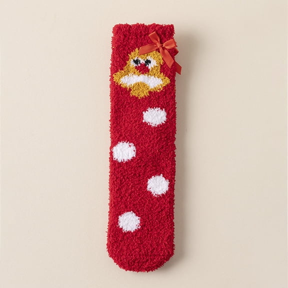 Women Cute Santa Christmas Mid Calf Socks Fluffy Warm Indoor Sleeping Floor Socks Holiday Home Socks One Size