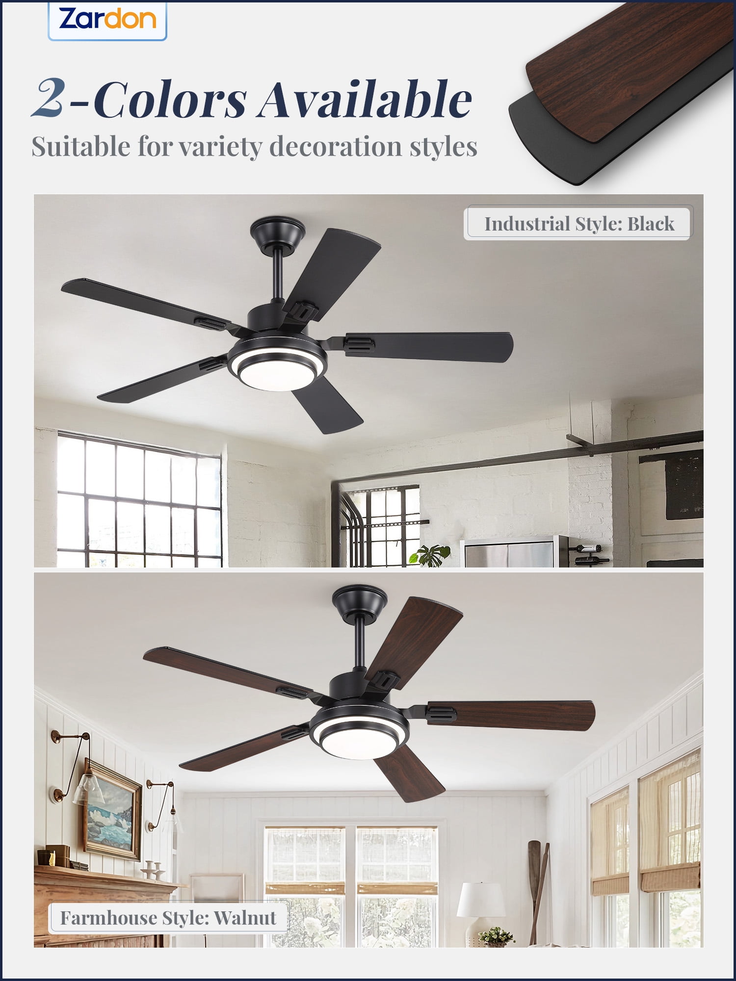 Zardon 48in Ceiling Fans with Light and Remote Control, Modern Low Profile Ceiling Fans with Reversible 6 Speeds for Intdoor, Outdoor, Black