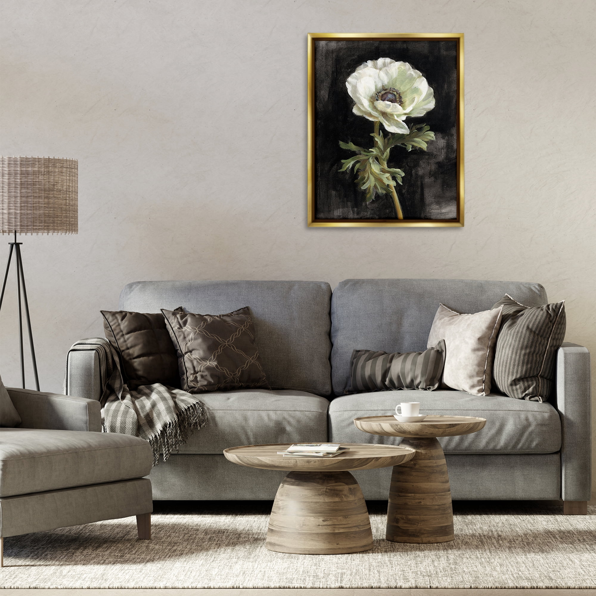 Stupell Industries Anemone on Black Plants & Flowers Painting Gold Floater Framed Canvas Art Print Wall Art, 25 x 31