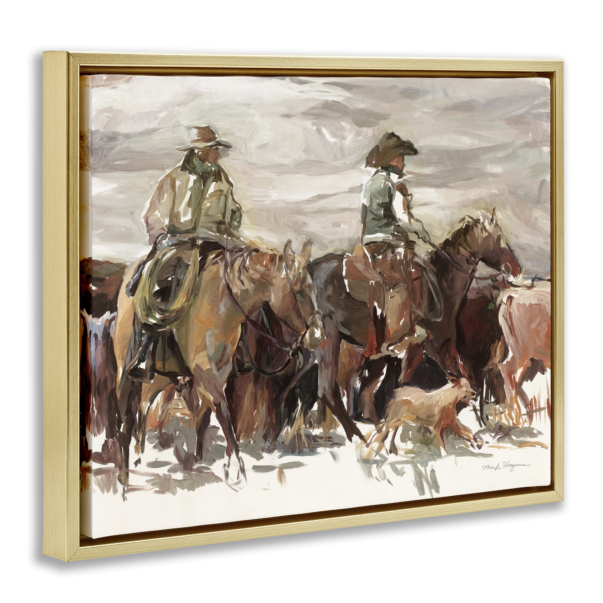 Stupell Industries Round Up Cowboys Animals & Insects Painting Gold Floater Framed Canvas Art Print Wall Art, 21 x 17