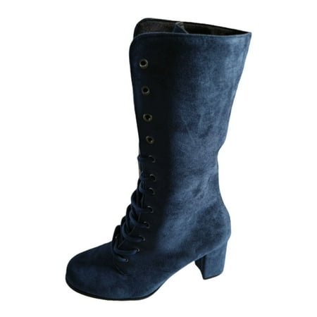 DVKOVI Wide Shoes for Women Dressy Cowgirl Boots Mid Calf Women s Fashion Solid Color Strappy Thick Heel Mid Calf Boots Boot for Ladies Fall Winter Heel Boots for Women Blue 41