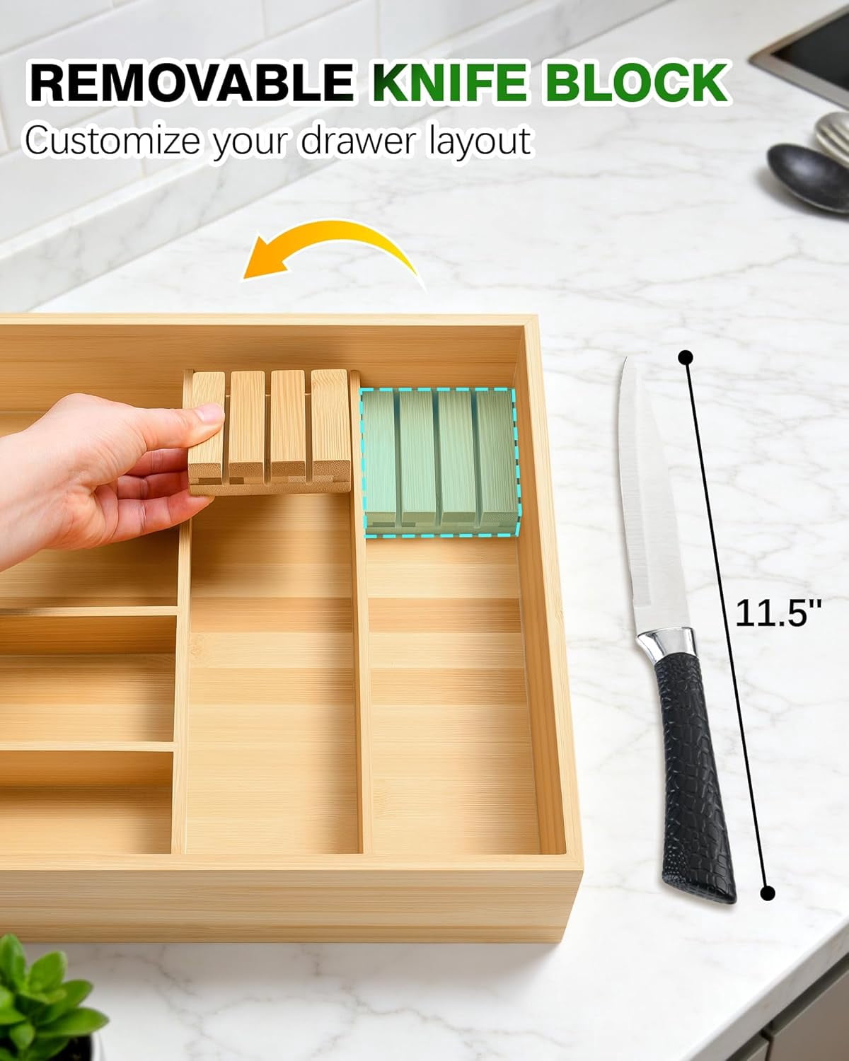 Silverware Drawer Organizer with Sliding Top Tray, Double Layer Wooden Utensil Organizer with Removable Knife Holder