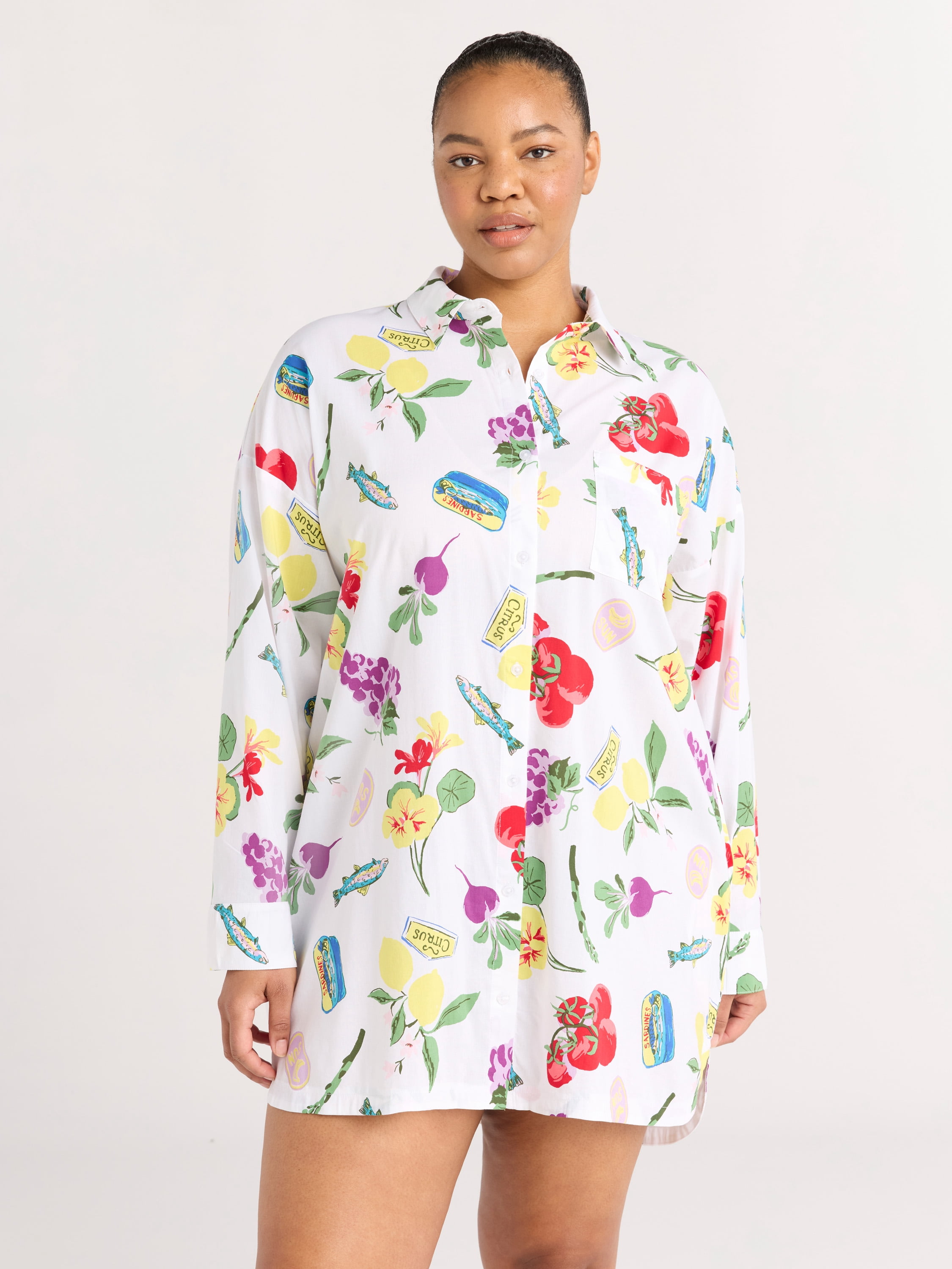 Joyspun Women’s Woven Long Sleeve Button Front Sleepshirt, Sizes XS-3X