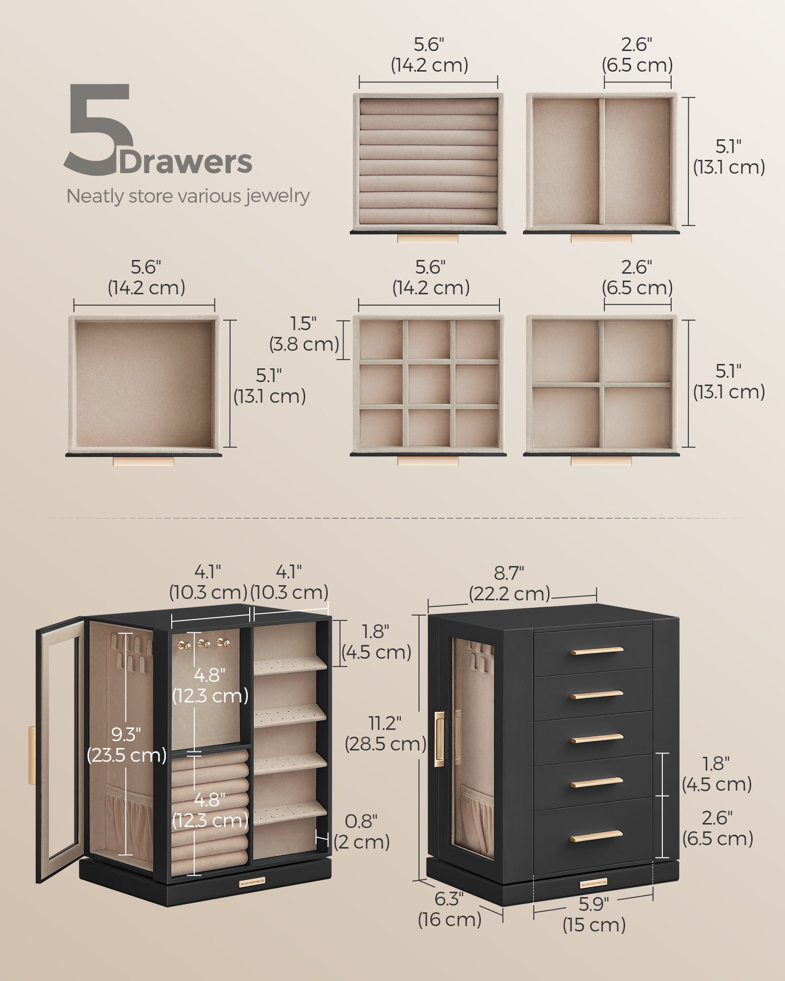 360° Rotating Jewelry Box with Glass Window and 5 Drawers Jewelry Storage Case Organizer , Graphite Black
