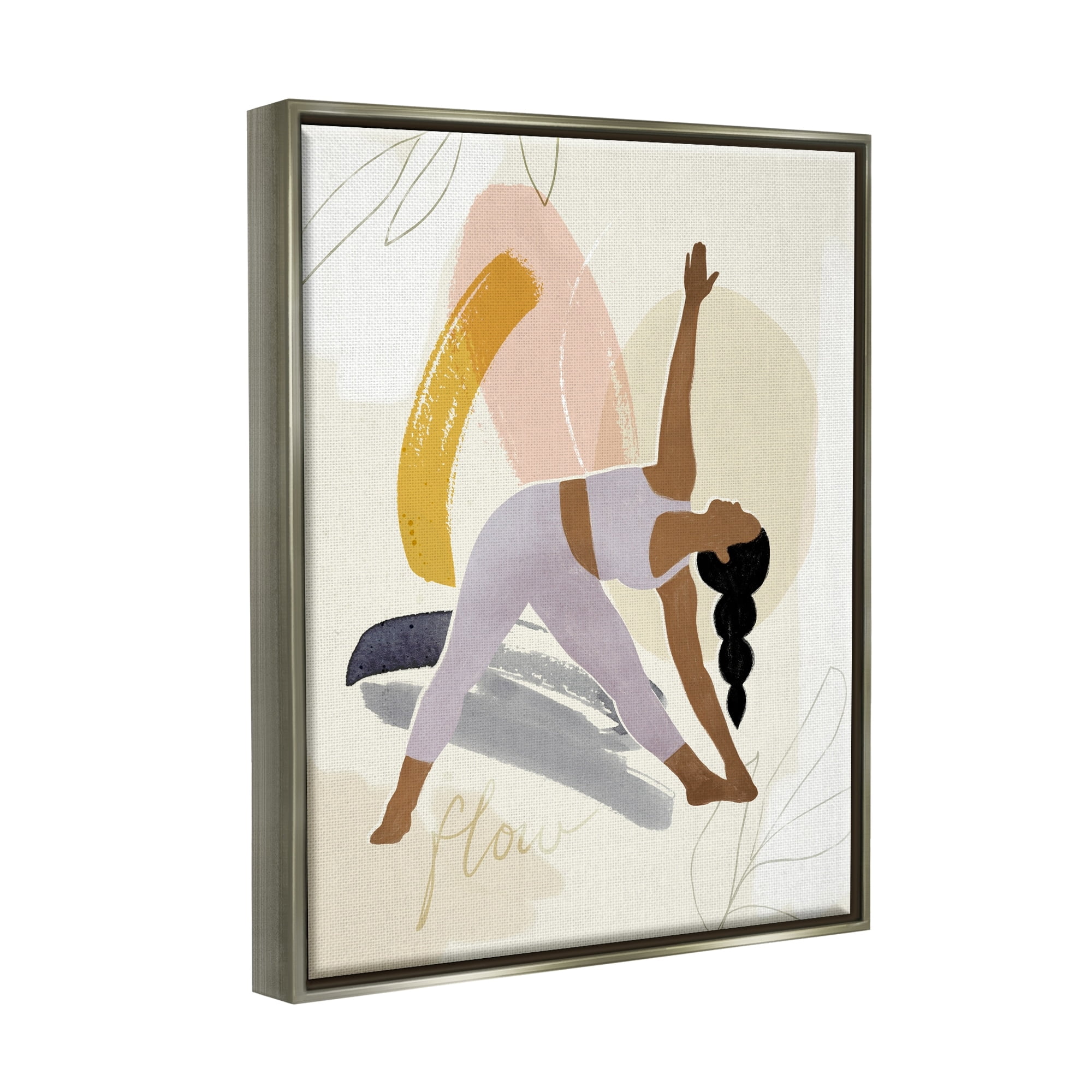 Stupell Industries Flow Yoga Text Plant Pattern Person Stretching Luster Gray Framed Floating Canvas Wall Art, 24x30, by Victoria Barnes