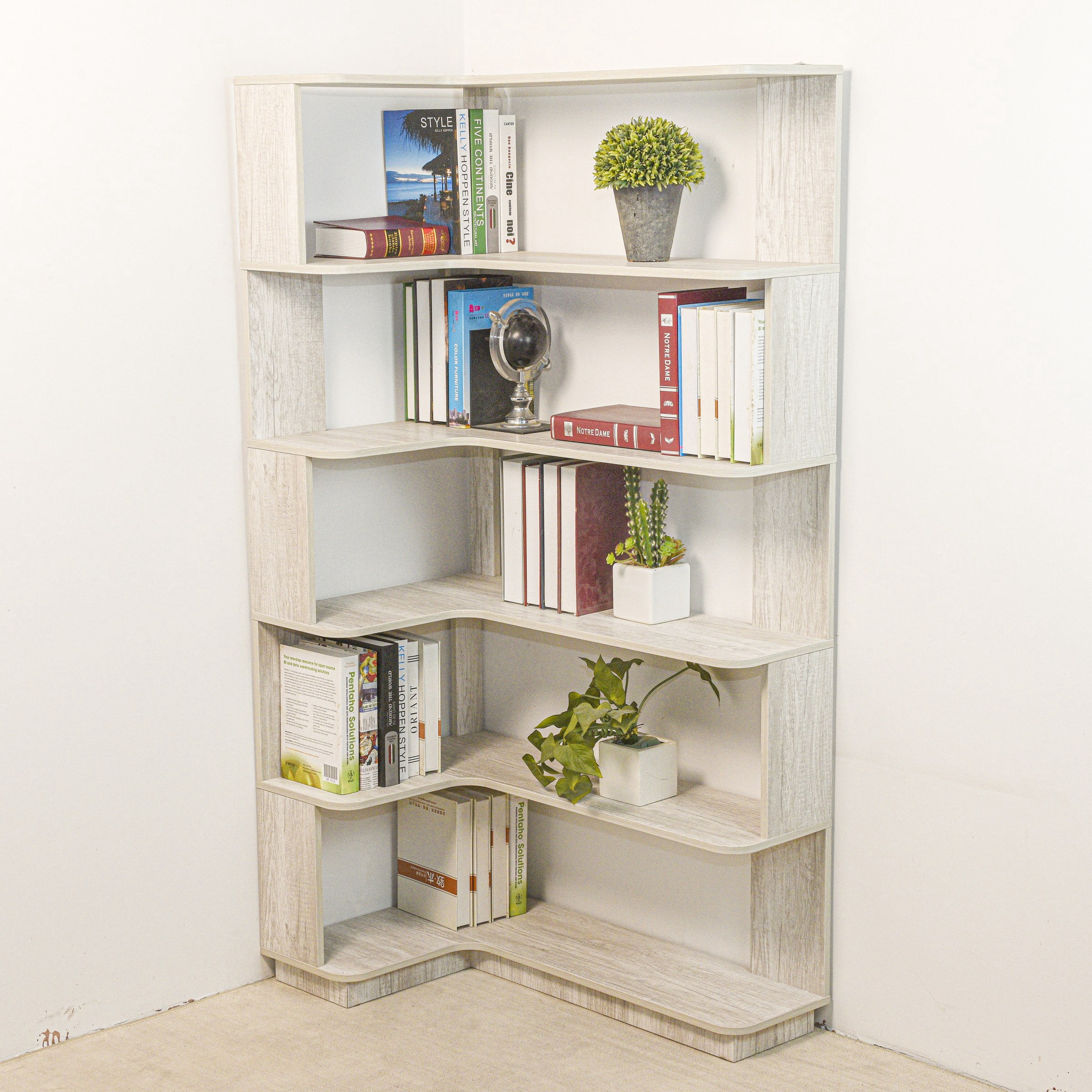 90cm (35.43") Extended Size 5-Tier Freestanding L-Shaped Corner Bookshelf For Living Room, Bedroom, Home Office Wooden Bookcase With Anti-Drop Panel And Anti Tipping Device