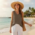 thumbnail image 6 of Craaazy Women Casual Tops Loose Fit Solid Color V Neck Chest Pocket Sleeveless Cotton Linen Tank Tops for Summer Gift, 6 of 9