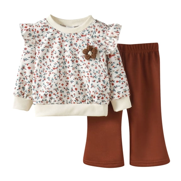 Ulanda Toddler Girl Clothes Floral Print Tops Pants Cute Fall Outfits Fall Winter Toddler Girl Outfits Long Sleeve Shirt Tops and Long Pants Sets Little Girl Clothes (Coffee, 6-9 Months)