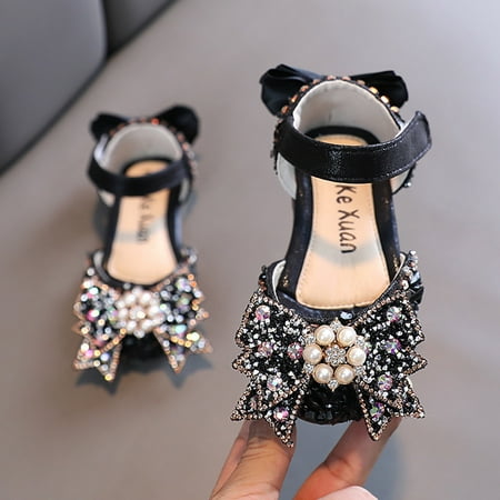 

RUICUW Fashion Spring And Summer Girls Dress Shoes Dance Performance Shoes Pearl Rhinestone Sequin Ribbon Bow 15-18 Months