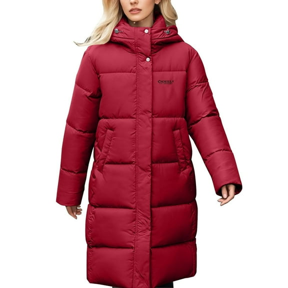 Women's Casual Loose Fit Long Down Coat, Thick Winter Jacket with Hood and Long Sleeves in a Solid Color for Warmth