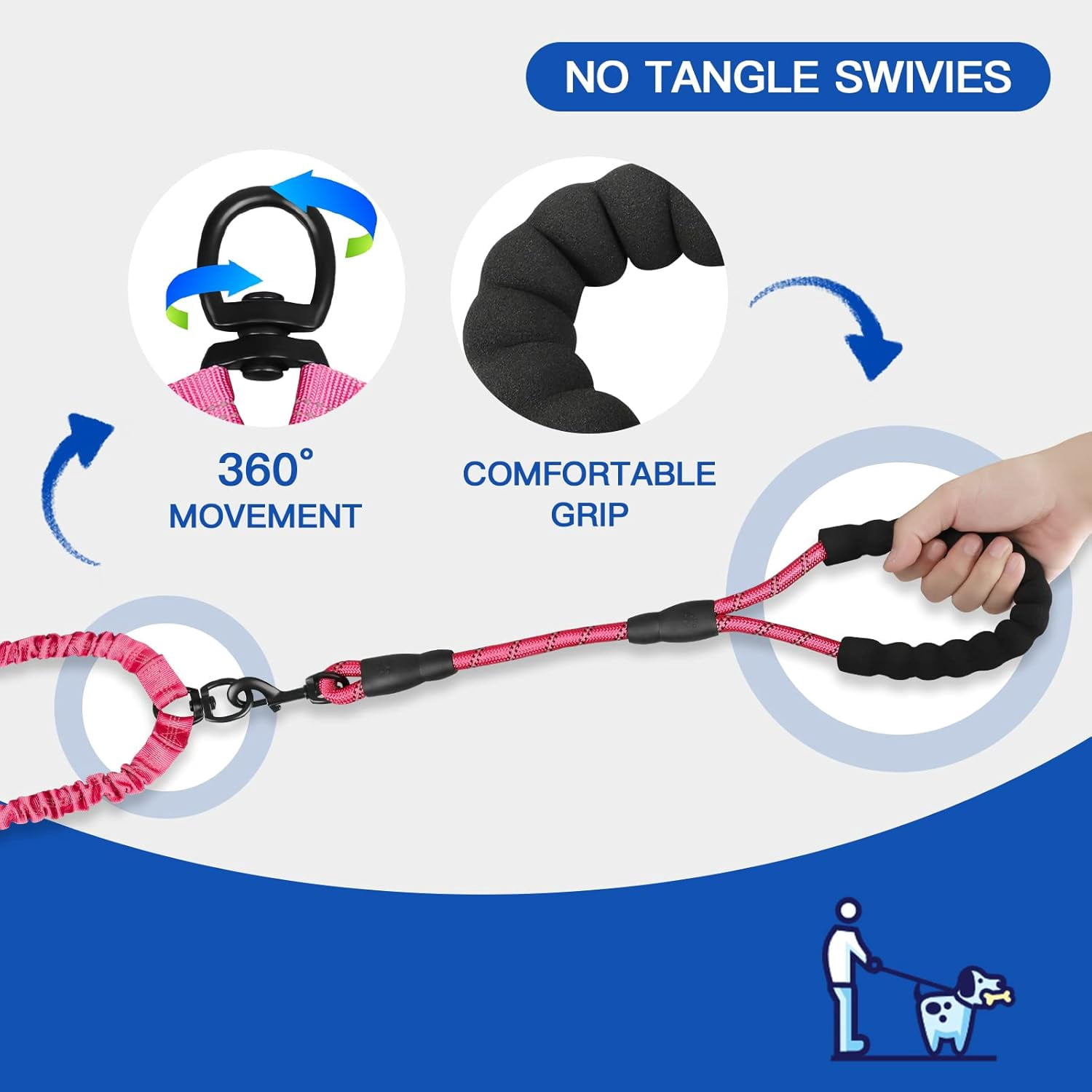 Double Dog Leash, Dual Dog Leash, 360° Swivel Tangle Free Bungee Walking Training for Large Medium Dogs, Shock Absorbing Bungee Reflective for Two Dogs, 18~121 lbs, Black