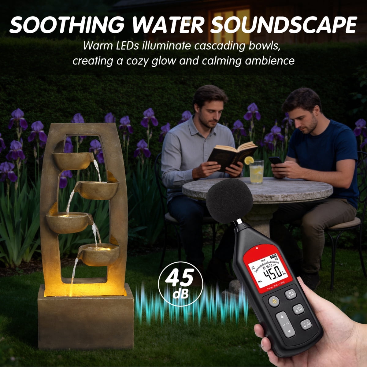 37.6" 4-Tier Modern Cascading Water Fountain with Warm LED Lights, Outdoor Floor-Standing Waterfall Fountain for Patio, Garden & Backyard Decor