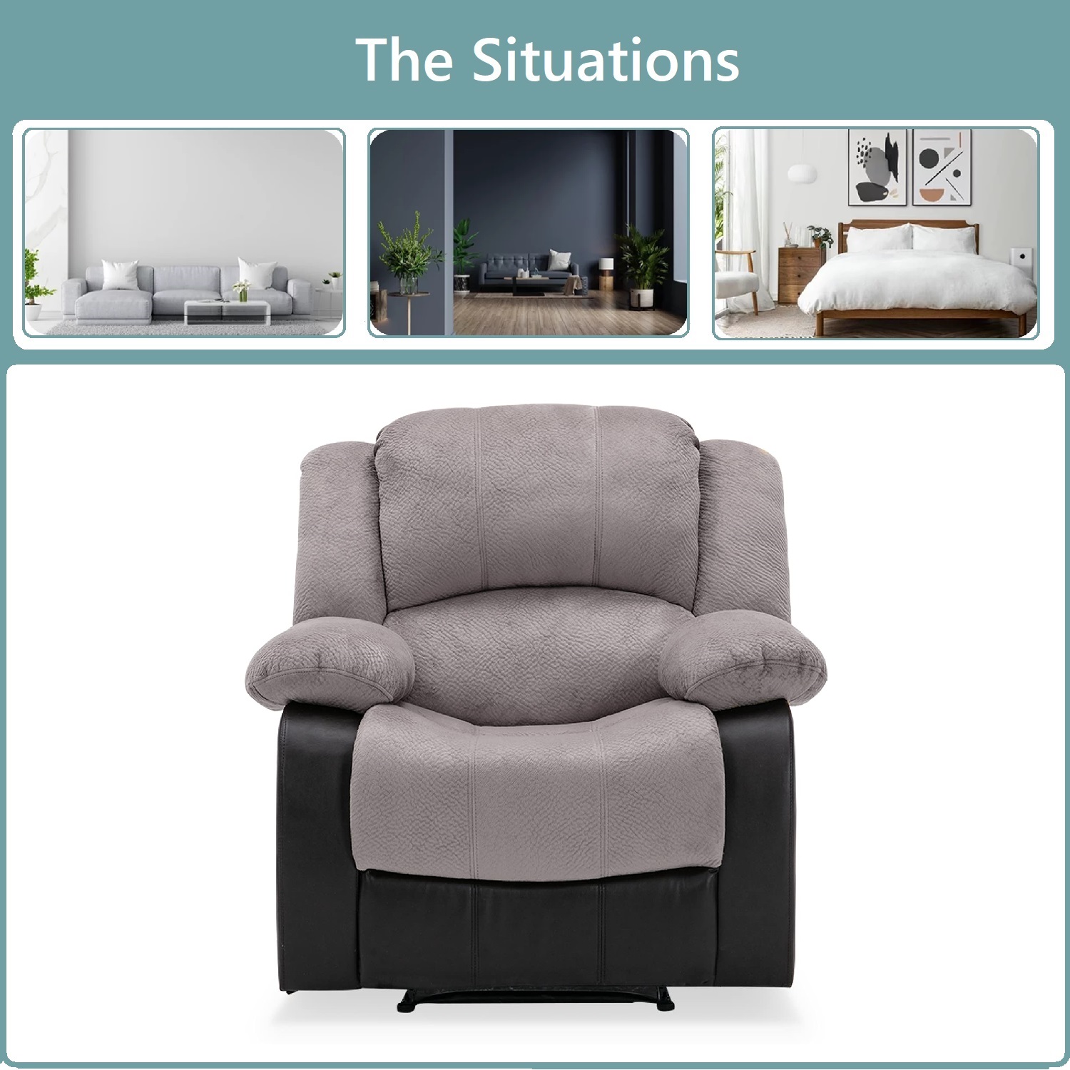 Nathaniel Home Manual Single Recliner Chair, PU Leather Upholstered Couch Sofa, Tufted Reclining Sofa, Plush Scoop Theater Seating, Lounge Chair for Living Room, Gray