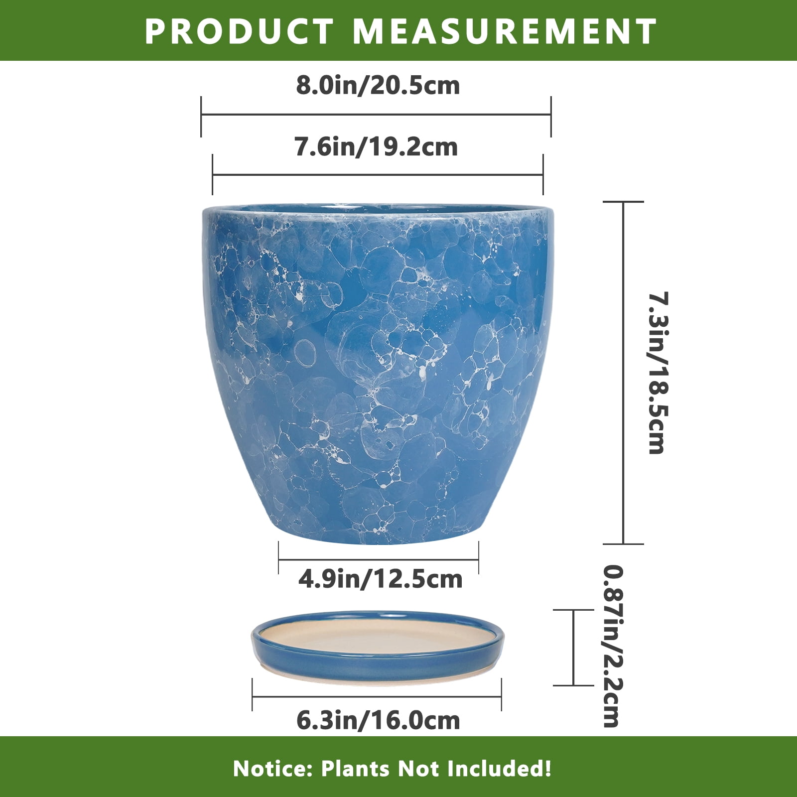 EPFamily 8 inch Blue Mottled Glaze Ceramic Planter with Drainage Hole and Saucer – Indoor Outdoor Pot for Succulents, Cacti, Houseplants