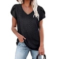 thumbnail image 2 of Camiseta de manga corta con pétalos para mujer, camiseta informal con cuello en V y agujeros ahuecados para uso en verano, color negro S, 2 of 5