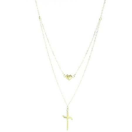American Designs Jewelry 14kt Yellow and White Gold Two-Tone Diamond-Cut Double-Strand Heart and Cross Religious Layering Necklace, Adjustable 16-18 Chain