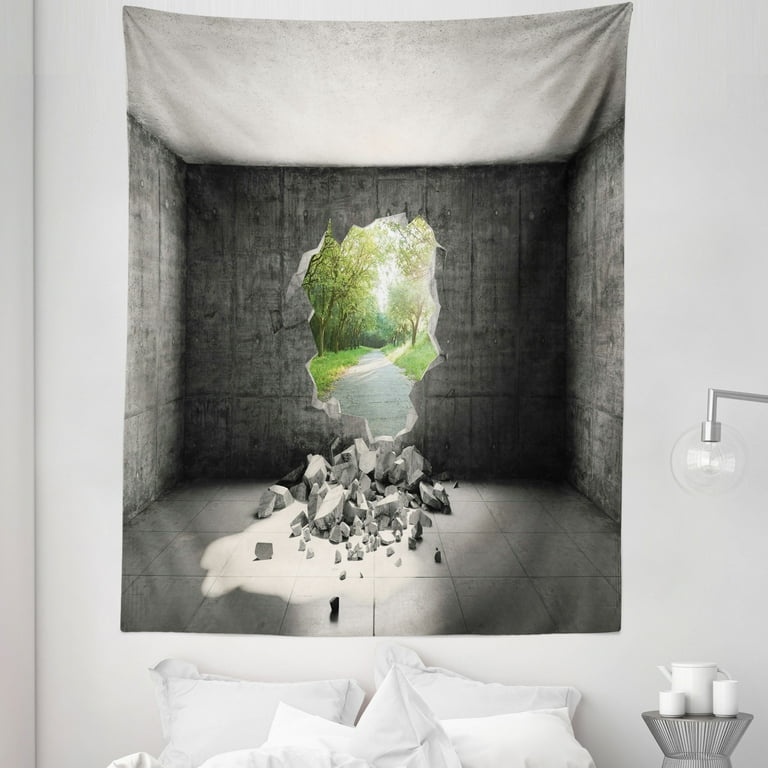 Grey Tapestry Concrete Room with a Hole in the Wall and Exit to Freedom Escape Destruction Theme Fabric Wall Hanging Decor for Bedroom Living Room Dorm 5 Sizes Grey Green by Ambesonne