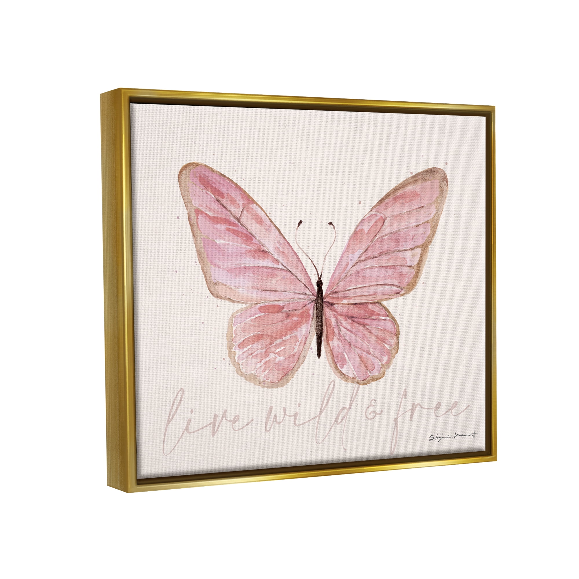 Stupell Live Wild & Free Pink Butterfly Animals & Insects Painting Gold Floater Framed Art Print Wall Art