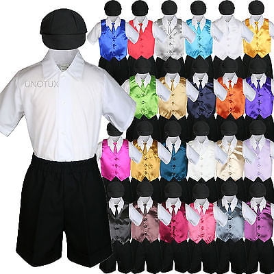 

Black Boy Toddler Formal Vest Shorts Suit Satin Vest Necktie Hat 5PC Set sz S-4T