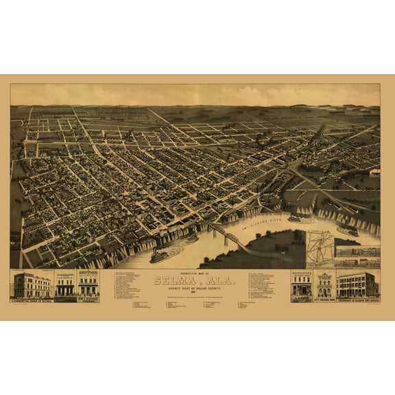 Historic Panoramic View - Selma Alabama - Wellge 1887 - Vintage Wall Art