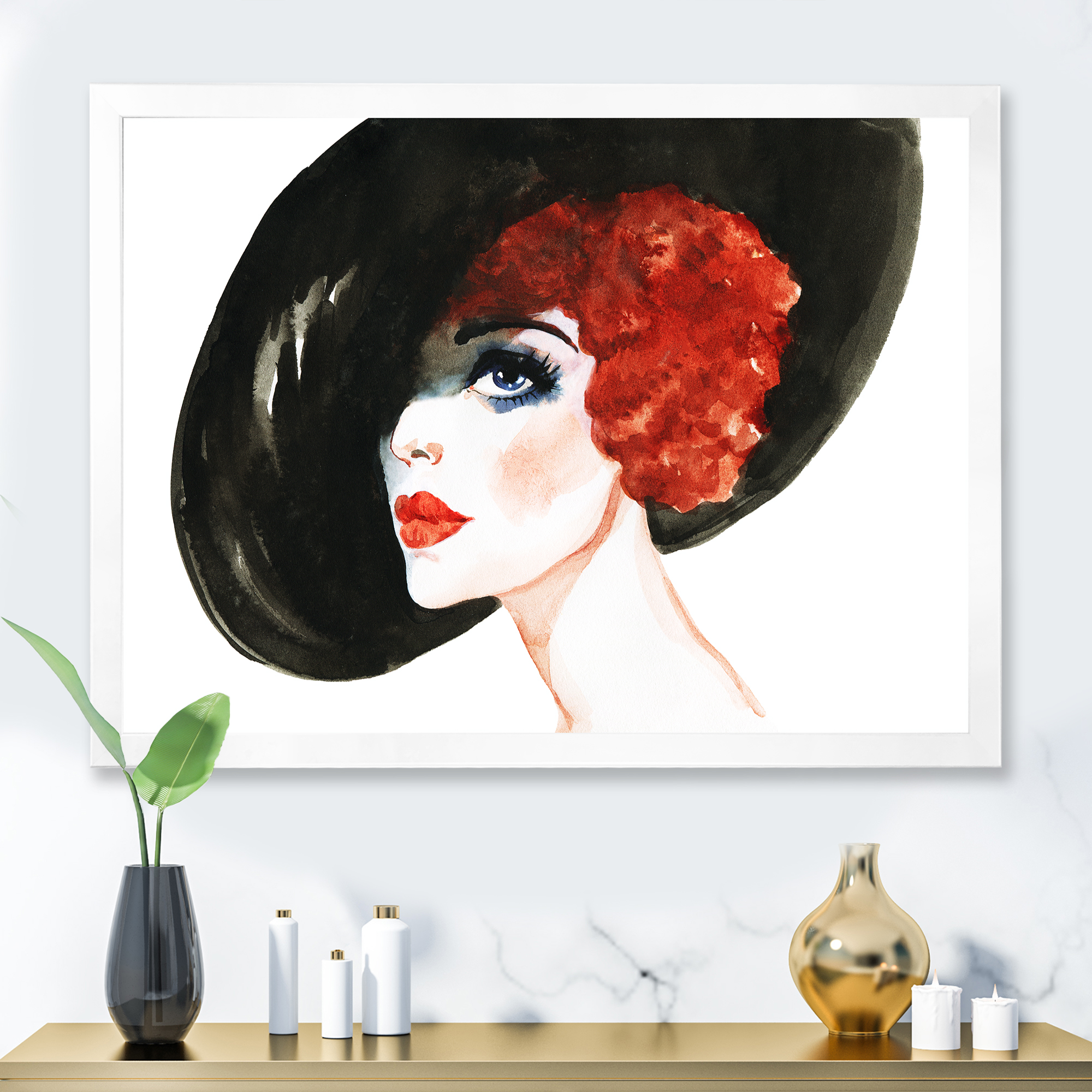 Designart 'Portrait of Woman Red Head Lady In Hat' Modern Framed Art Print