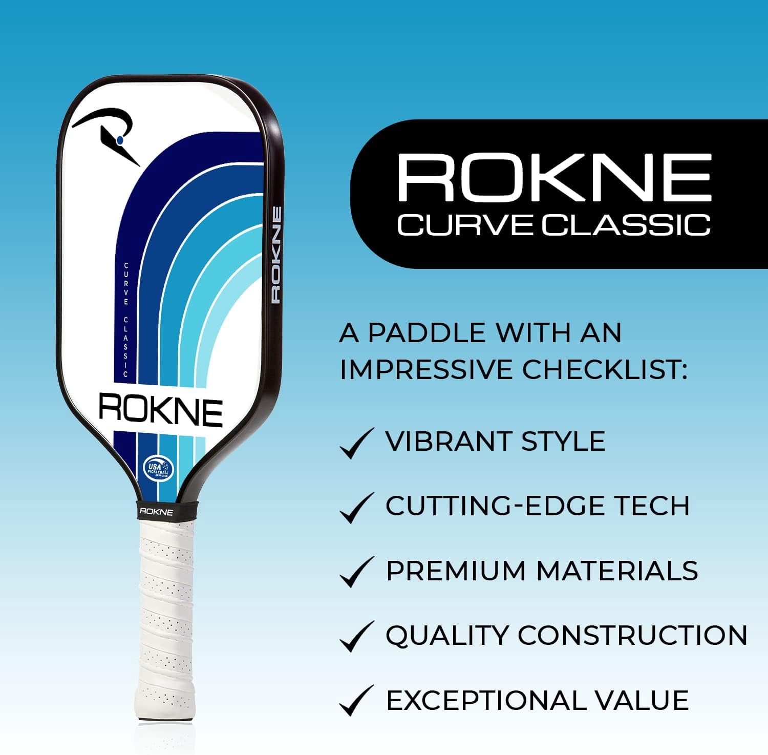 Rokne Curve Classic Fiberglass Pickleball Paddle Long Handle Racket with Pro Grit Texture and Cover, Deep Sea