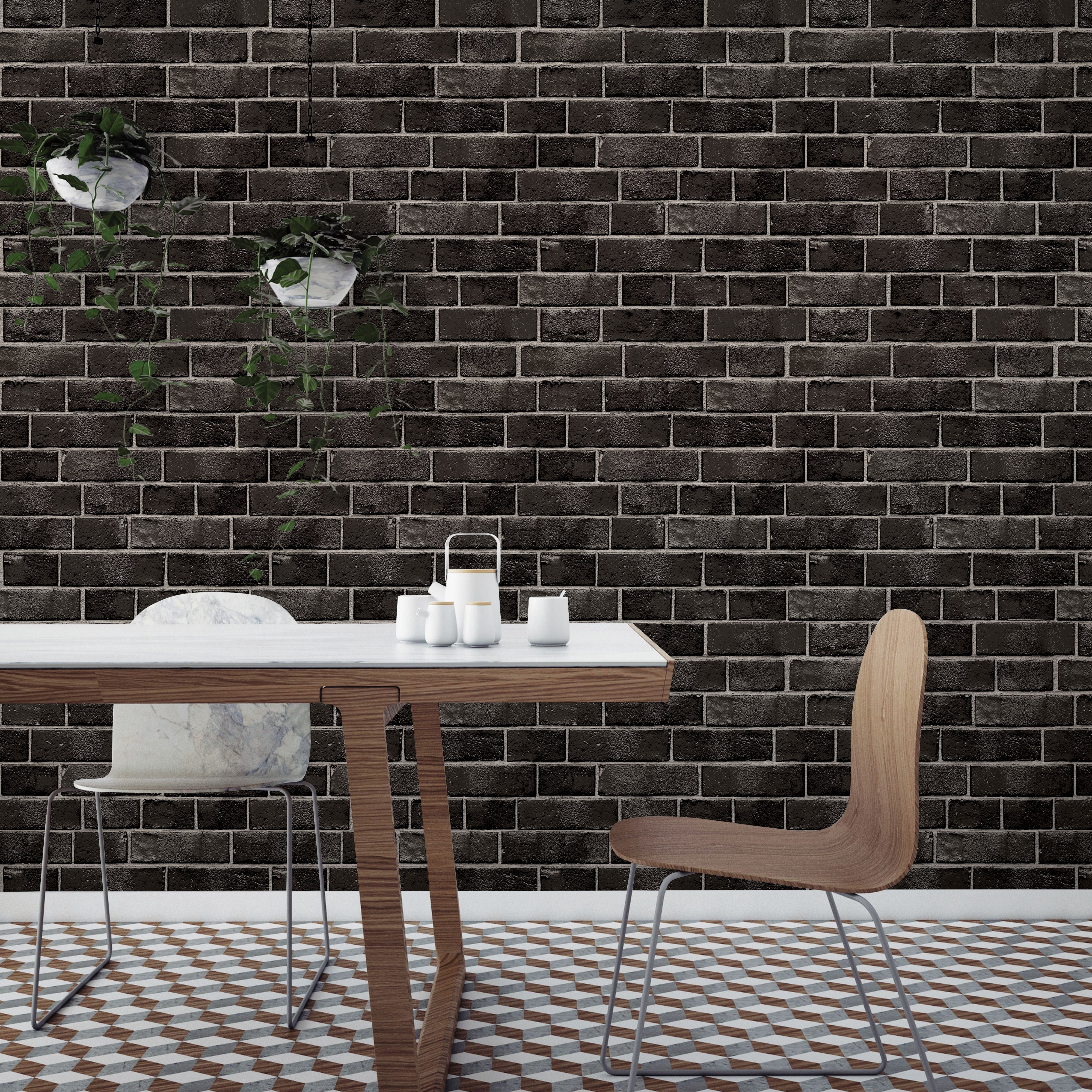 Tempaper Textured Faux Brick Black Peel and Stick Wallpaper, 20.5" x 16.5'
